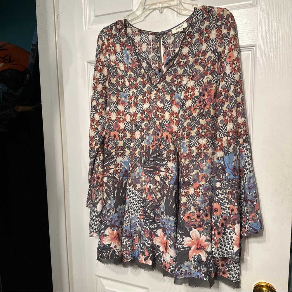 Umgee S Long Juliette Sleeve Women's Frayed Hem Floral Tunic Dress Fit Flare